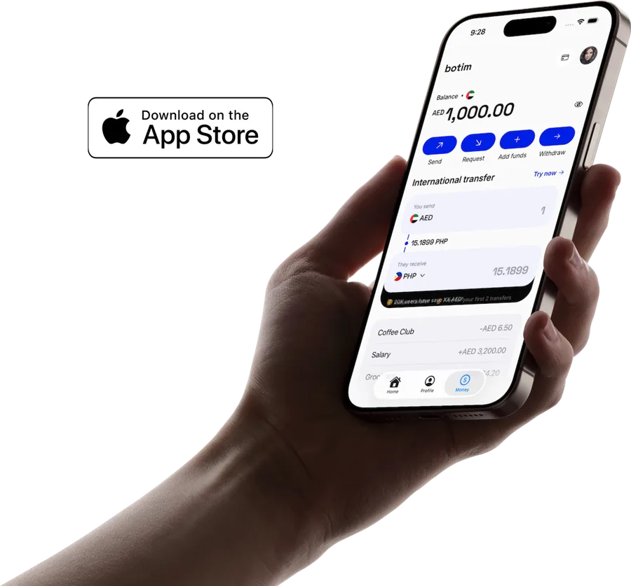 A hand holding an iPhone running the prototype, with an App Store download badge